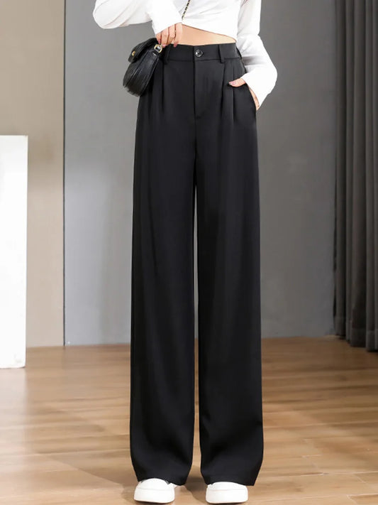 Women Chic Korean Office Wide Leg Vintage Straight Trousers