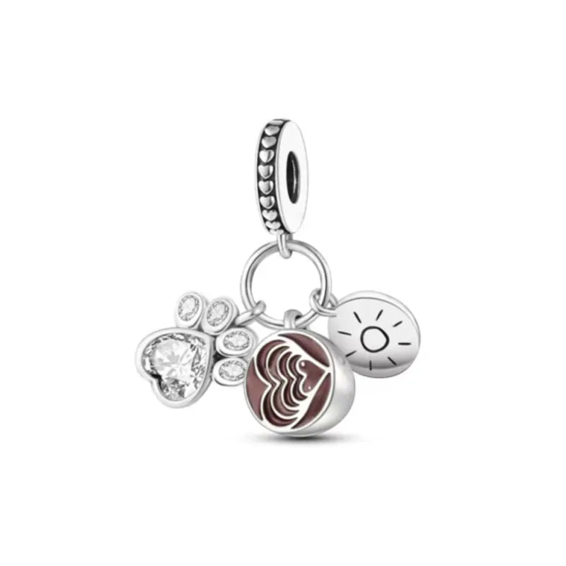 Sterling Silver Paw Print and Bone Charm Bead for Pet Bracelet Jewelry B4091