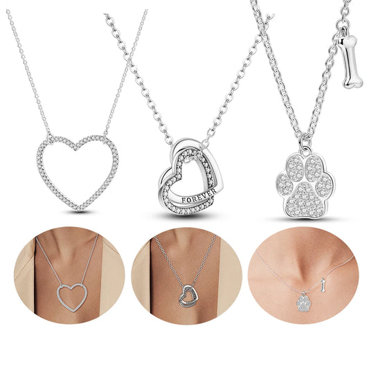 925 Sterling Silver Heart Chain Necklace for Women with Luxury Dog Paw Design Jewelry Gift