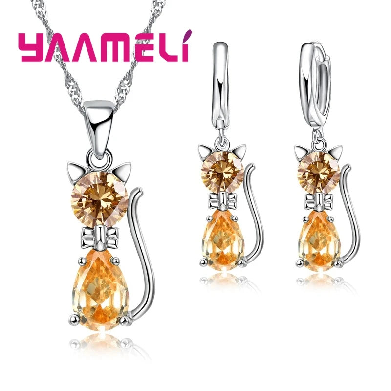 Elegant 925 Sterling Silver Cat Pendant Necklace and Earrings Set with Austrian Crystals for Women
