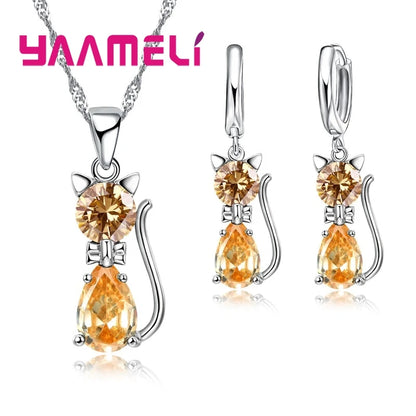 Elegant 925 Sterling Silver Cat Pendant Necklace and Earrings Set with Austrian Crystals for Women
