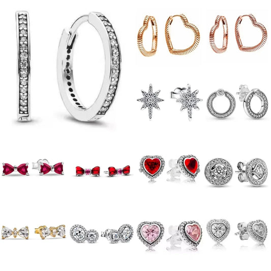 Heart Series Red Heart Bow Snowflake Stud Earrings in 925 Sterling Silver for Women Fashion