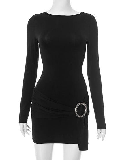 Elegant Solid Color Round Neck Long Sleeve Pleated Dress