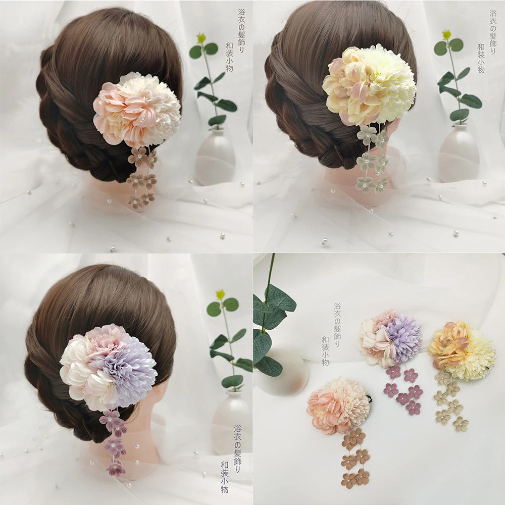 Japanese Handmade Fabric Flower Kimono Hairpin with Tassel for Weddings and Festivals