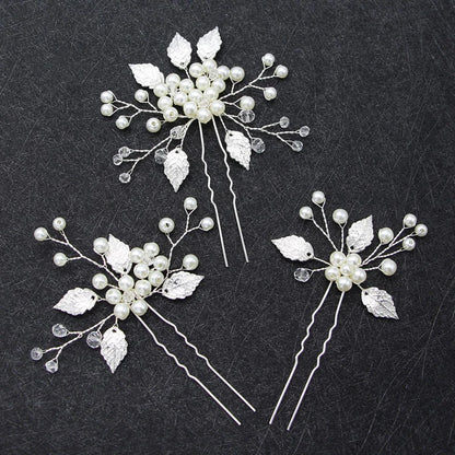 Handmade Rose Gold Leaf Hairpins with Simulated Pearls for Bridal Wedding Jewelry