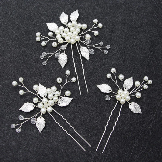 Handmade Rose Gold Leaf Hairpins with Simulated Pearls for Bridal Wedding Jewelry