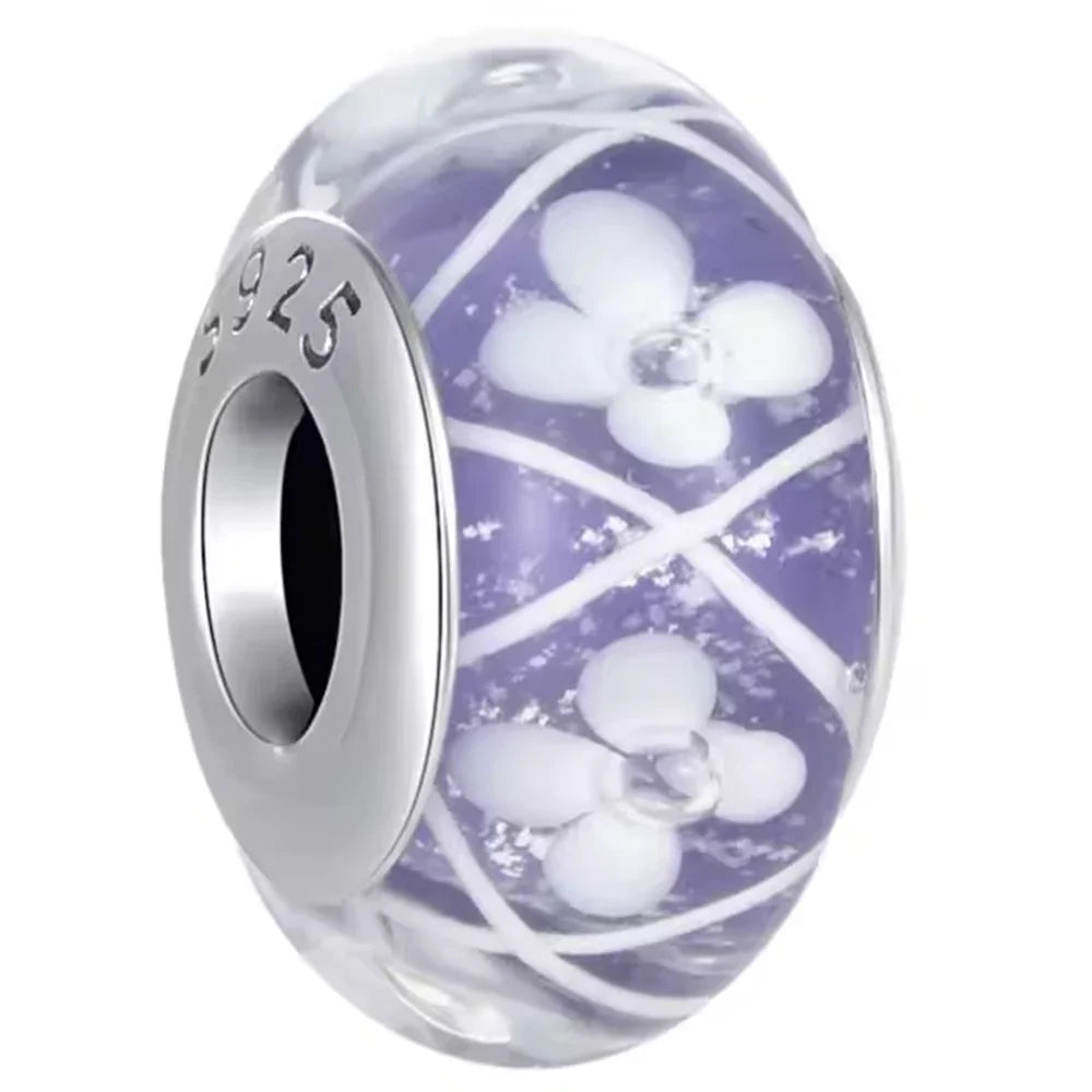 925 Sterling Silver Cosmic Rainbow Murano Glass Beads with Flower and Leaf Charms for DIY Women Jewelry