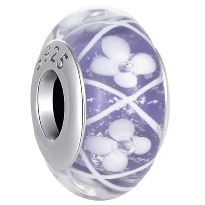 925 Sterling Silver Cosmic Rainbow Murano Glass Beads with Flower and Leaf Charms for DIY Women Jewelry
