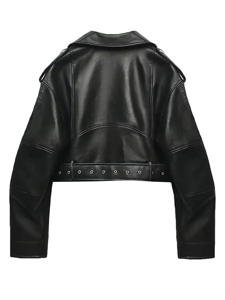 Women Vintage Faux Leather Moto Jacket With Belt Detail