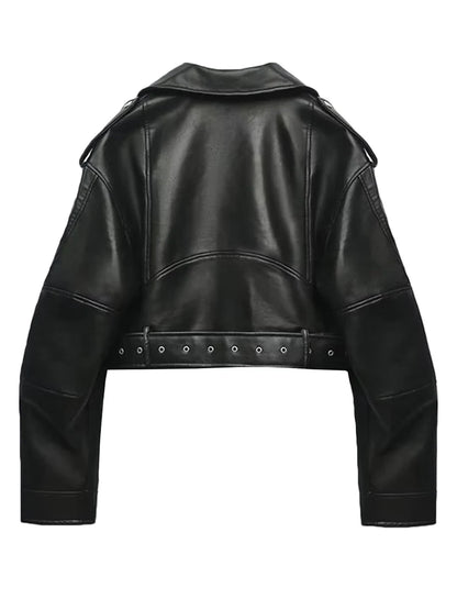 Women Vintage Faux Leather Moto Jacket With Belt Detail