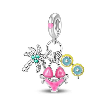 Green Series Sterling Silver Lucky Four Leaf Clover Charms with Zircon Beach Beads for Bracelets and Necklaces