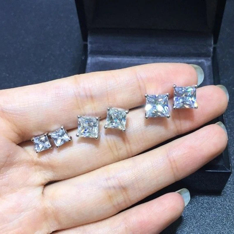 Square Clear Zircon Stud Earrings for Women and Men Stylish Ear Accessories with Various Size Crystals