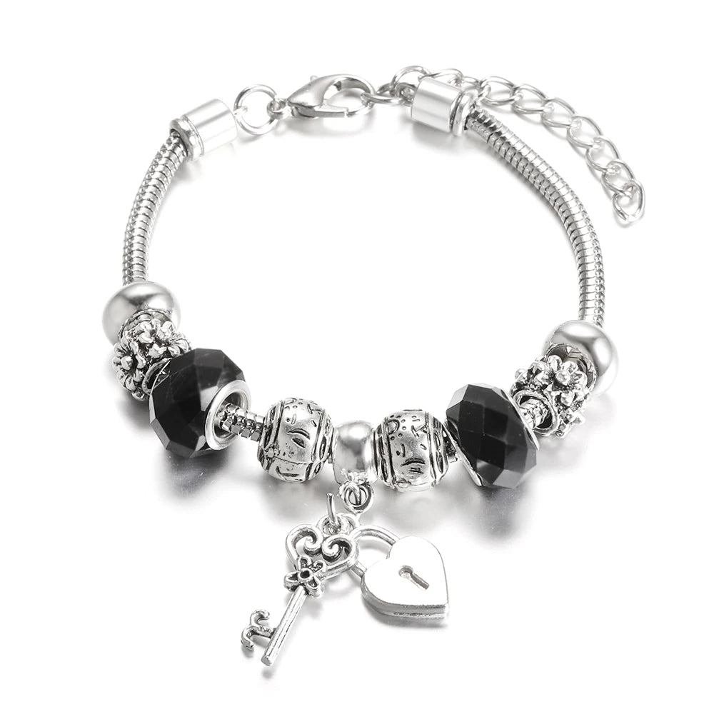 Elegant Heart Lock Charm Beaded Bangle Adjustable Snake Chain Bracelet for Women
