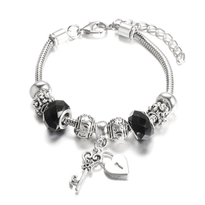 Elegant Heart Lock Charm Beaded Bangle Adjustable Snake Chain Bracelet for Women