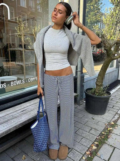 Womens Stripe Drawstring Low Waist Sweatpants Baggy Summer