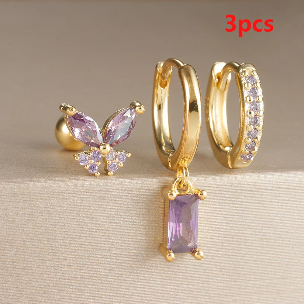 Elegant Rose Red Zircon Stainless Steel Hoop Earrings Set for Women
