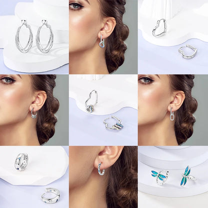 925 Silver Geometric Hoop Earrings for Women with Zircon Moon and Heart Design Fashion Jewelry Gift