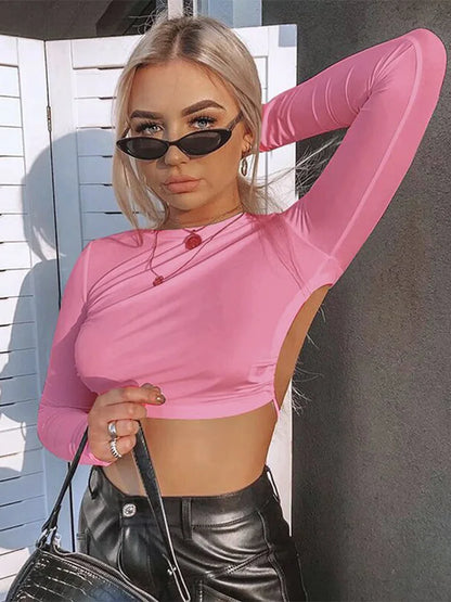 Sexy Harajuku Open Back Long Sleeve Crop Top Dozw Women