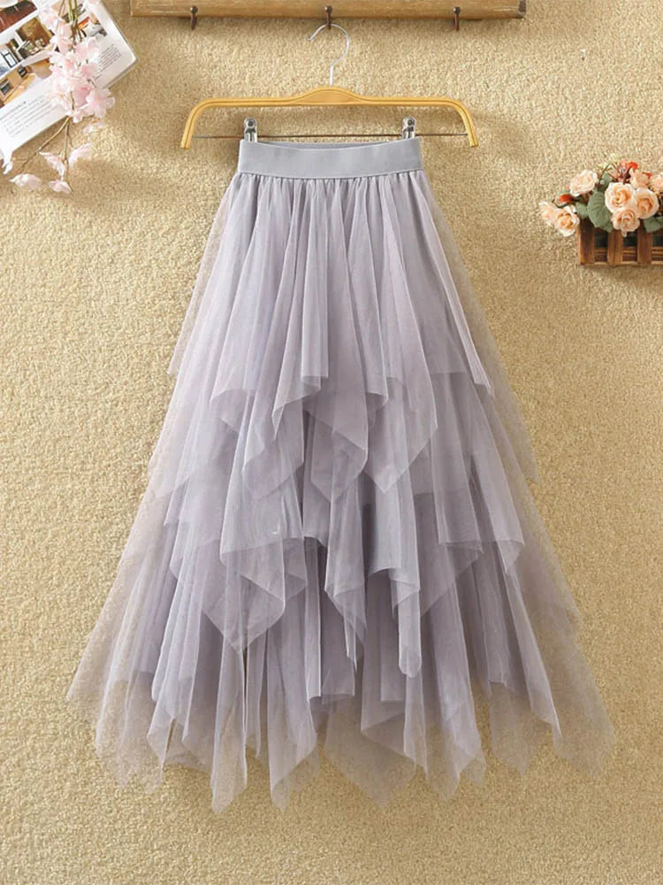 Women Irregular Tulle Skirt Elastic High Waist Mesh Midi
