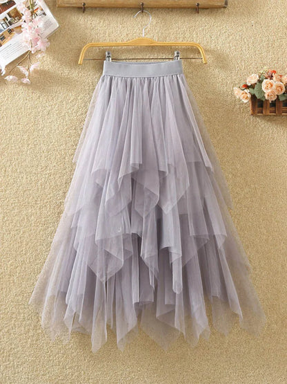 Women Irregular Tulle Skirt Elastic High Waist Mesh Midi
