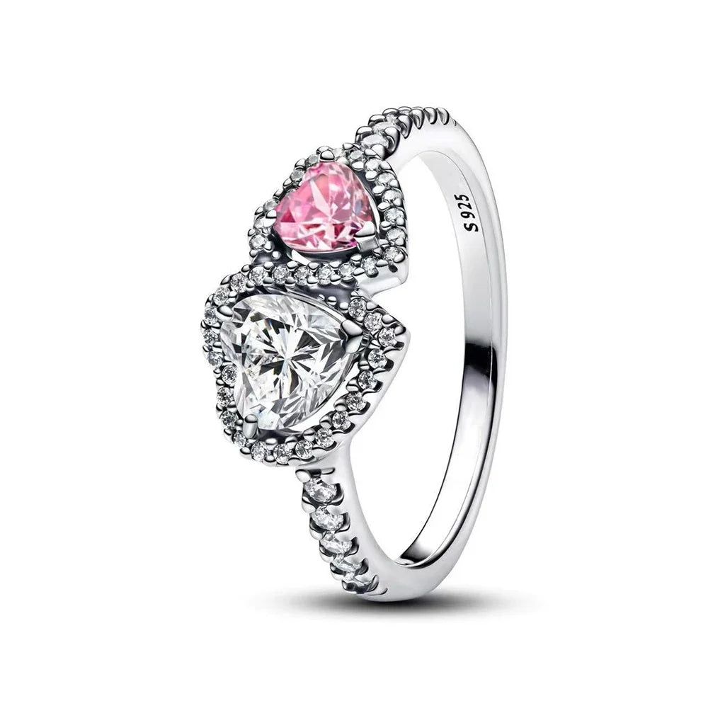 Original 925 Sterling Silver Heart Crown Bow Moon Ring with Colorful Crystal for Women Elegant Fine Jewelry Gift AMR057