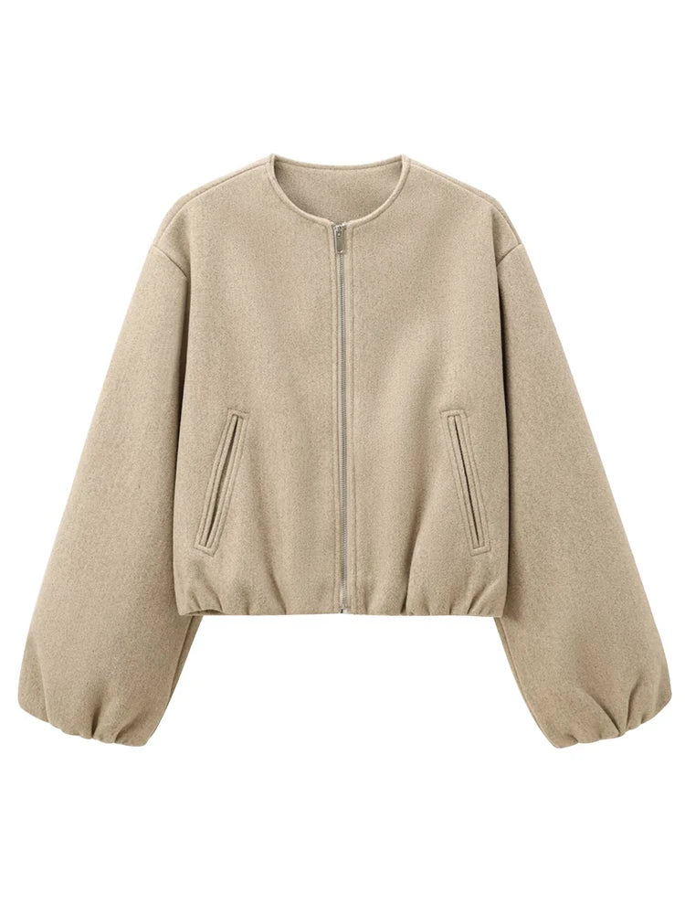 Soft Bomber Jacket For Women Front Zipper Long Sleeve Coat
