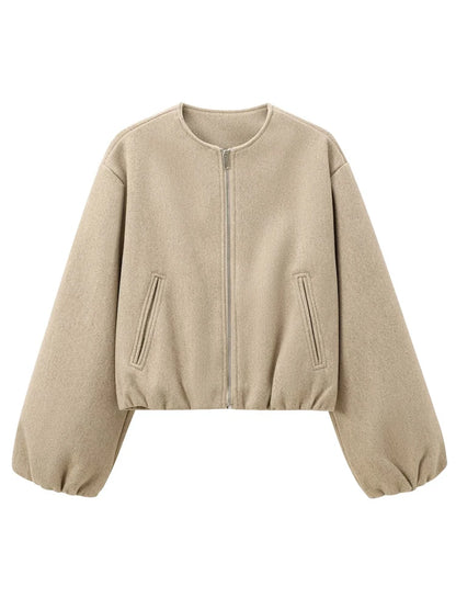 Soft Bomber Jacket For Women Front Zipper Long Sleeve Coat