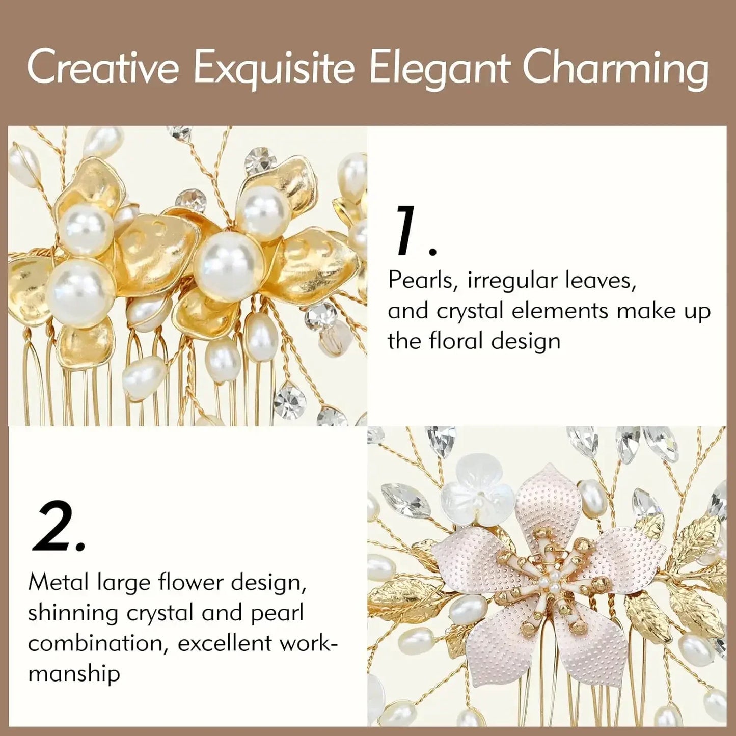 Gold Leaf Bridal Hair Accessory Set - 36 Pack of Pearl Combs, Rhinestone Pins, and Spiral Clips