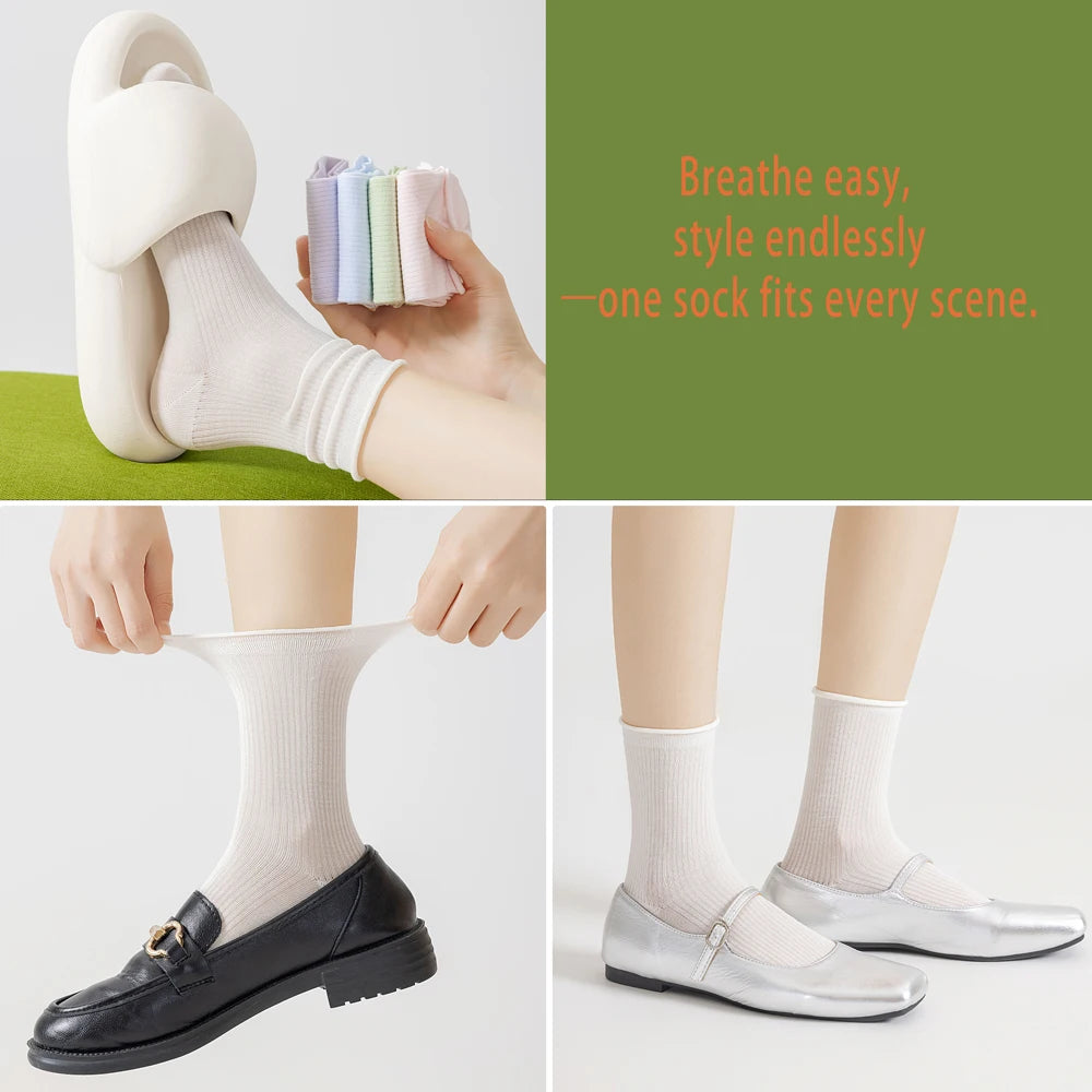6 Pairs Modal Mid Calf Women Socks Mesh Ventilated Stretch