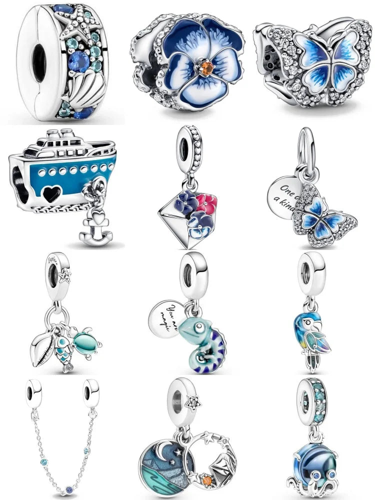 Spring 2025 925 Sterling Silver Blue Flower Butterfly Pendant DIY Charm Bead for Bracelet Necklace Jewelry for Women