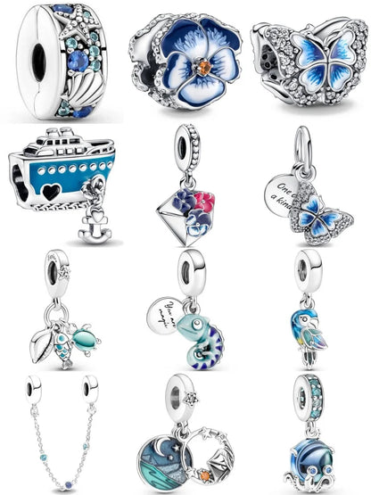 Spring 2025 925 Sterling Silver Blue Flower Butterfly Pendant DIY Charm Bead for Bracelet Necklace Jewelry for Women