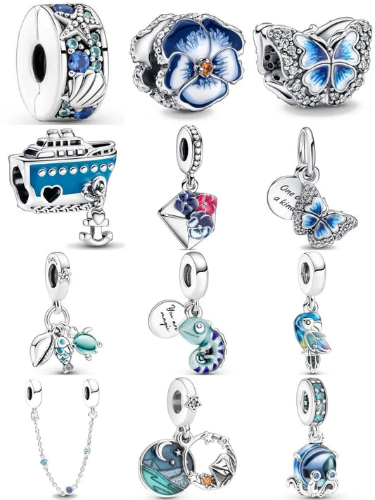 Spring 2025 925 Sterling Silver Blue Flower Butterfly Pendant DIY Charm Bead for Bracelet Necklace Jewelry for Women