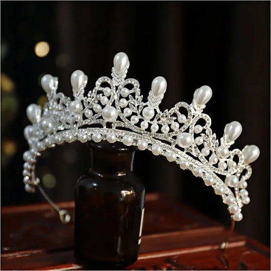 Elegant Silver Crystal Bridal Pearl Tiara Crown for Women