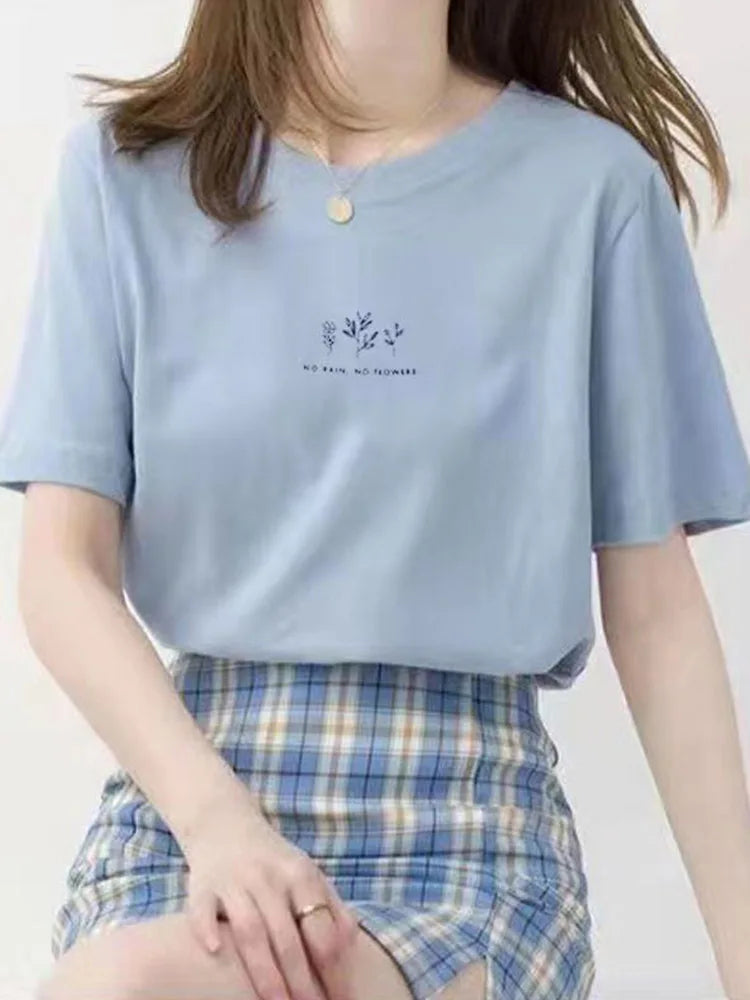 Korean Round Neck Summer Tee Women Loose Plant Print