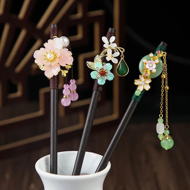 Vintage 2024 Wooden Hair Stick With Tassel Chinese Winding Flower Hairpin