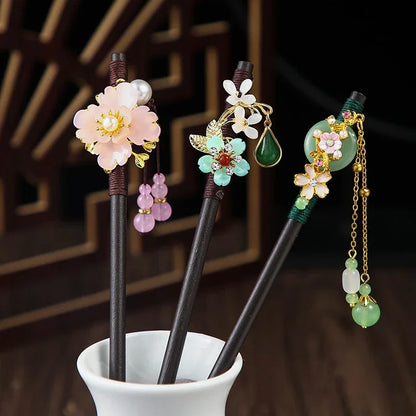Vintage 2024 Wooden Hair Stick With Tassel Chinese Winding Flower Hairpin