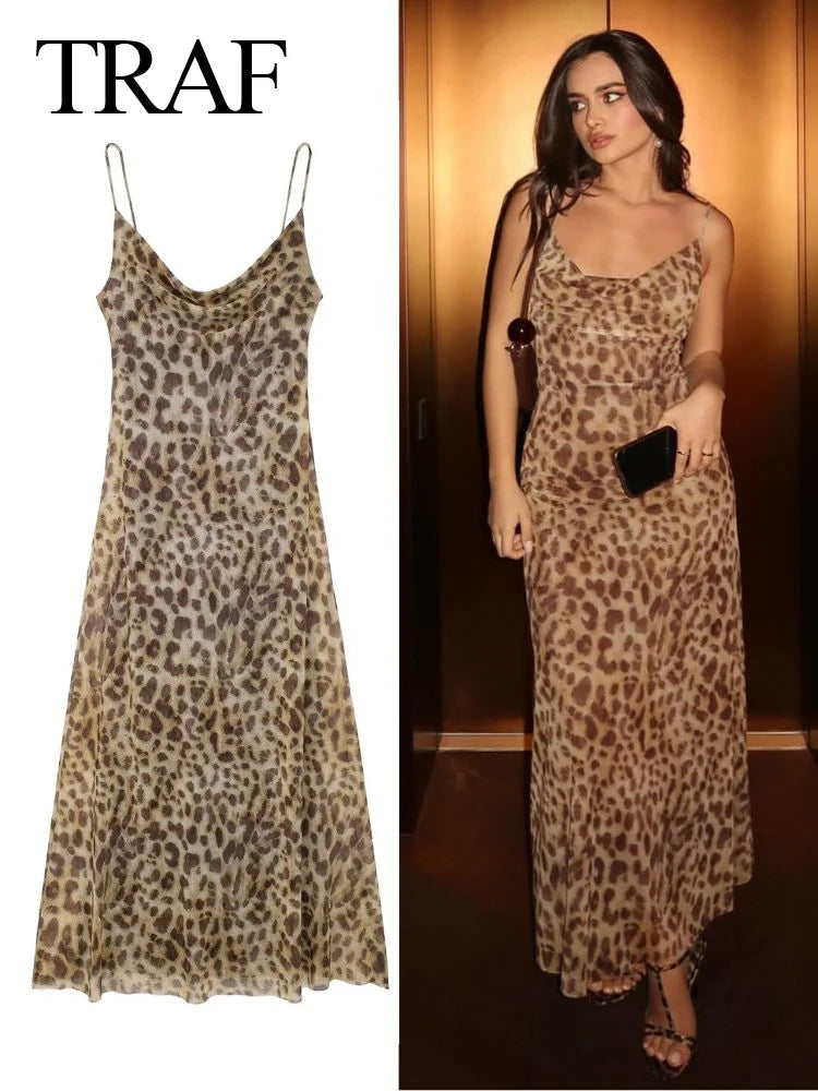 TRAFZA 2024 Women Summer Vintage Leopard Print Dress