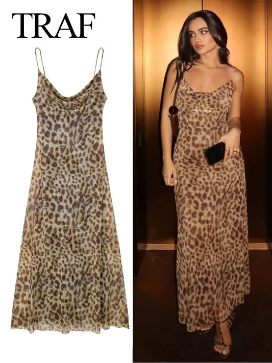 TRAFZA 2024 Women Summer Vintage Leopard Print Dress