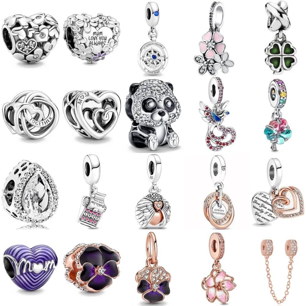 925 Silver Heart-Shaped Beads with Lotus and Bird Pendant for European Bracelet DIY Exquisite Jewelry