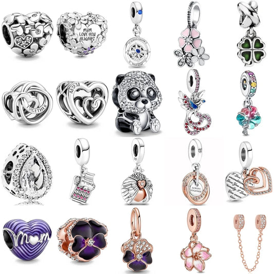 925 Silver Heart-Shaped Beads with Lotus and Bird Pendant for European Bracelet DIY Exquisite Jewelry