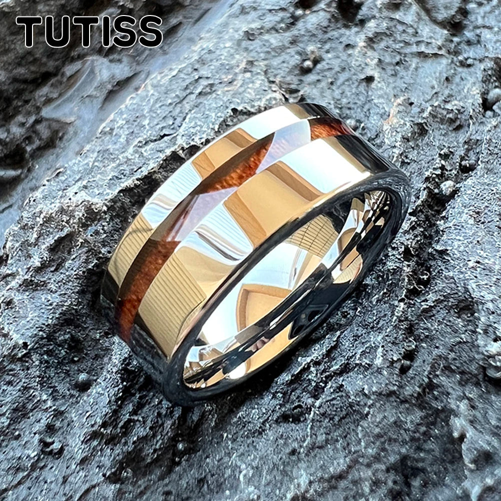 TUTISS Tungsten Couple Ring with Real Wood Inlay and Comfort Fit Wedding Band