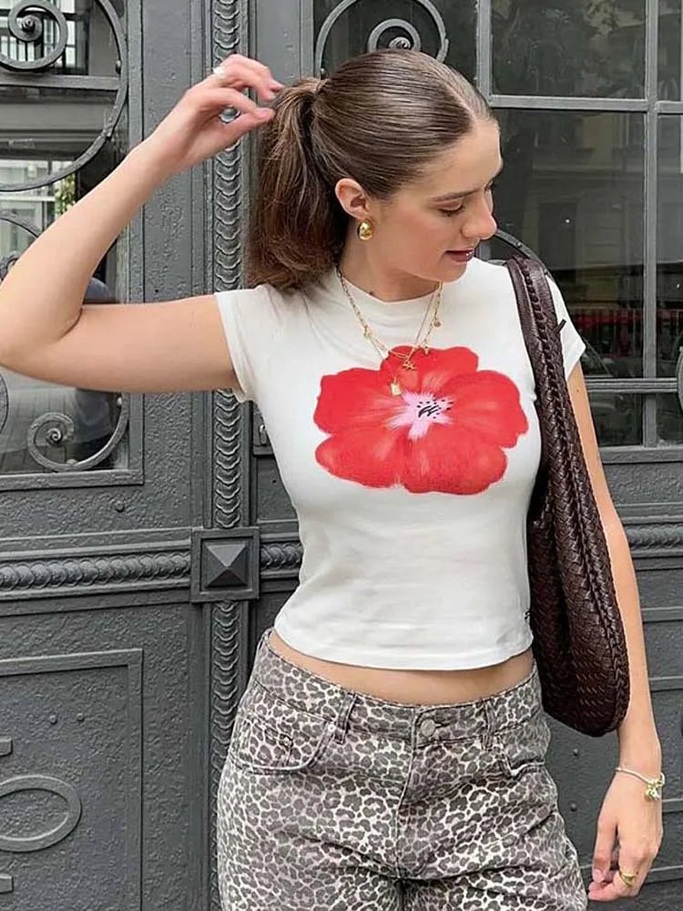 Dozw Crop Top Women Red Flower Print O Neck Short Sleeve