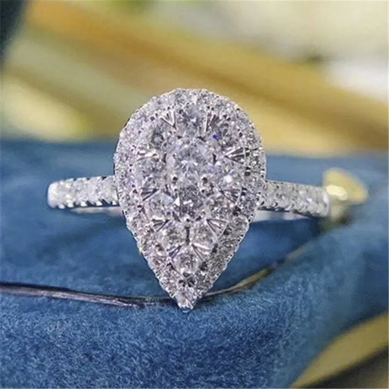 925 Sterling Silver Water Drop Shaped Ring for Women with Brilliant CZ for Wedding Engagement and Party