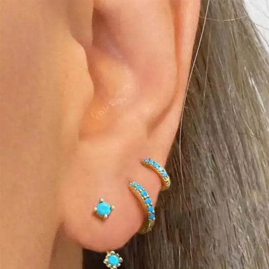 3 Pcs Turquoise Mini Earrings Set Gold Color New Design