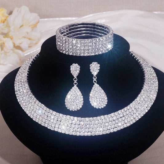 Luxury Round Rhinestone Jewelry Set for Women Classic Silver Necklace Bracelet and Earring Bridal Wedding Accessories