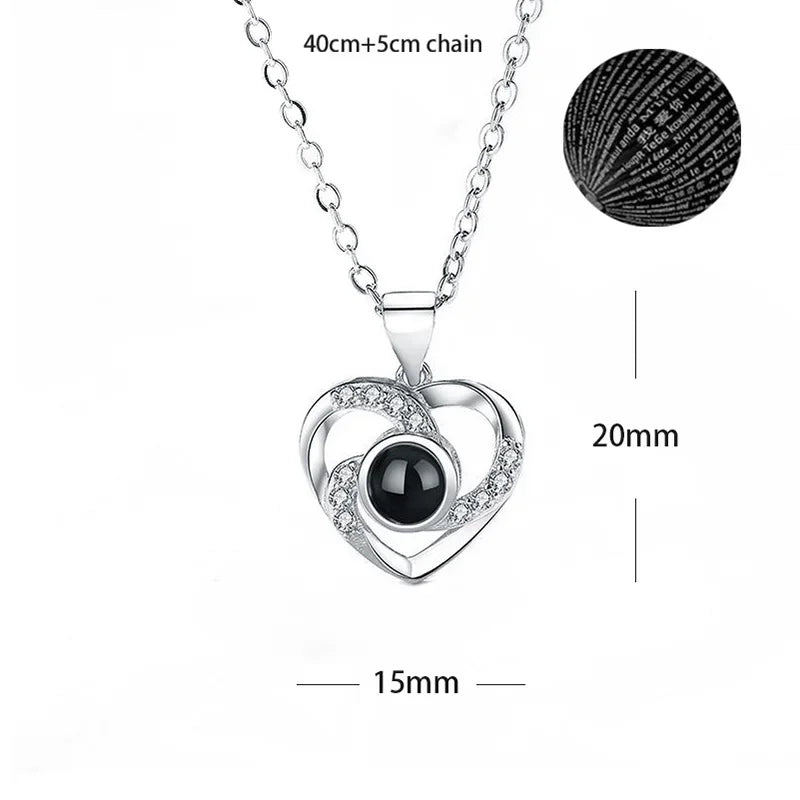 100 Languages I Love You Heart Pendant Necklace Romantic Projection Jewelry Gift for Women Heart Spiral 40cm plus 5cm