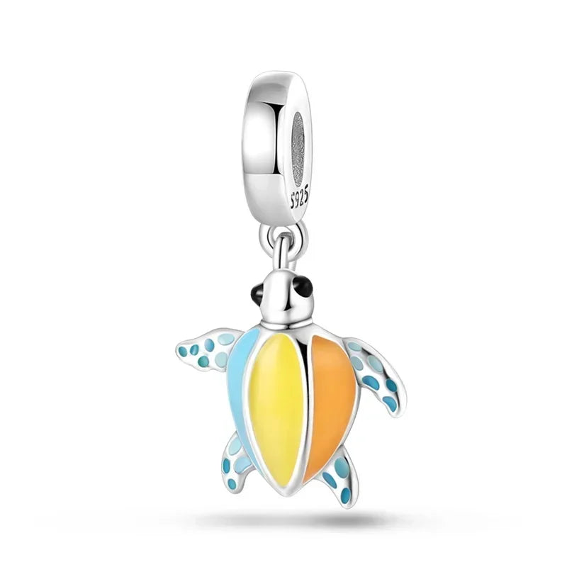 Summer Murano Glass Sea Turtle Dangle Charm Colorful Crystal Zircon Pendant 925 Sterling Silver Fine Jewelry for Original Bracelets