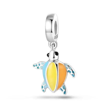Summer Murano Glass Sea Turtle Dangle Charm Colorful Crystal Zircon Pendant 925 Sterling Silver Fine Jewelry for Original Bracelets