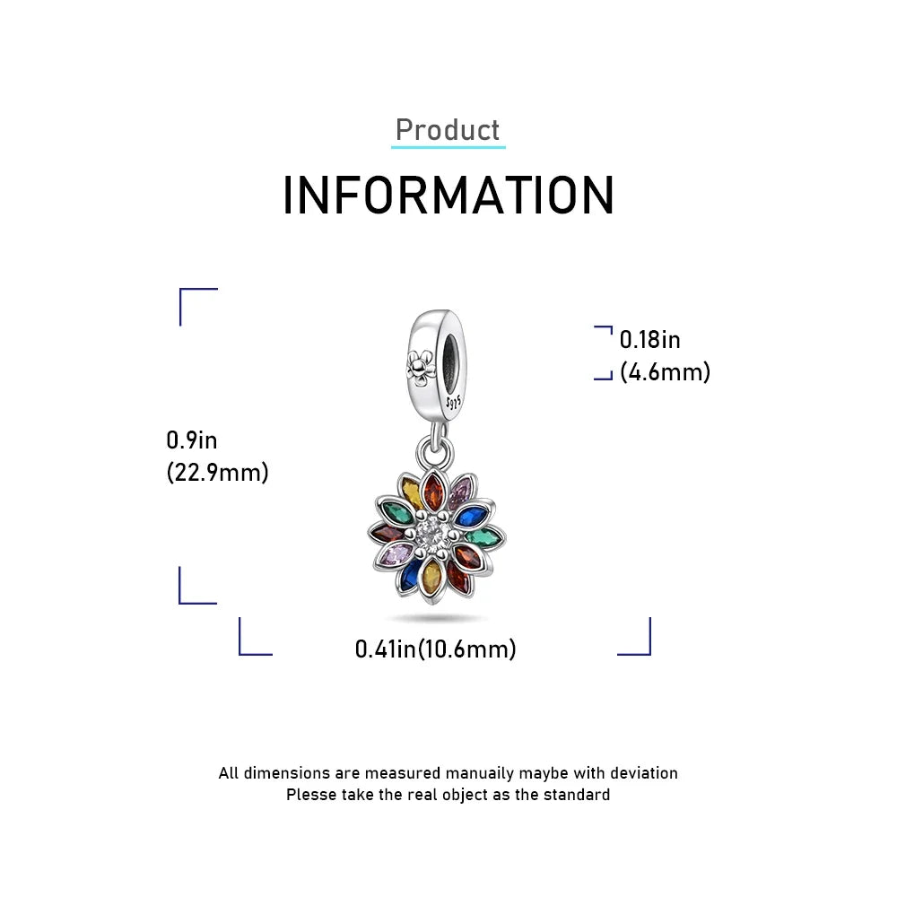 925 Sterling Silver Rose Sakura Flower Dangle Charm with Zircon for DIY Jewelry and Bracelets