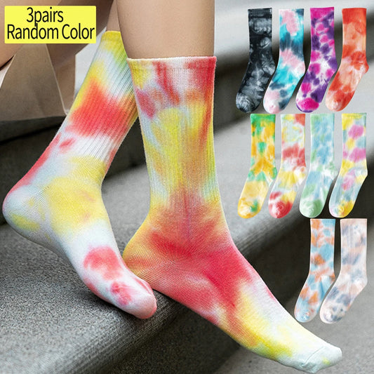 Handmade Tie Dye Mid Calf Cotton Socks For Women Breathable